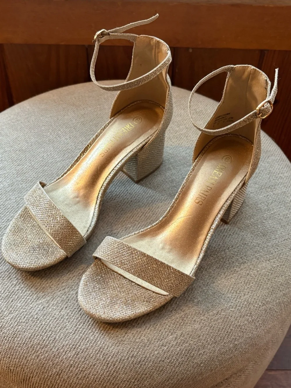 Dream Pairs Glitter Ankle-Strap Block Heels - Sz 6 Champagne Gold, prom, formal